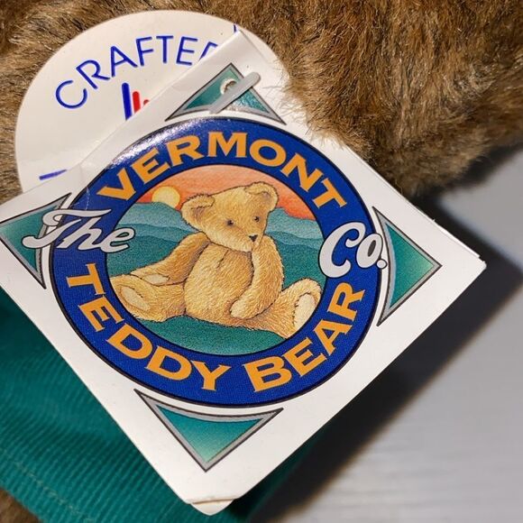 The Vermont Teddy Bear Co Vintage Plush Teddy Bear with Green Overalls - Picture 6 of 9